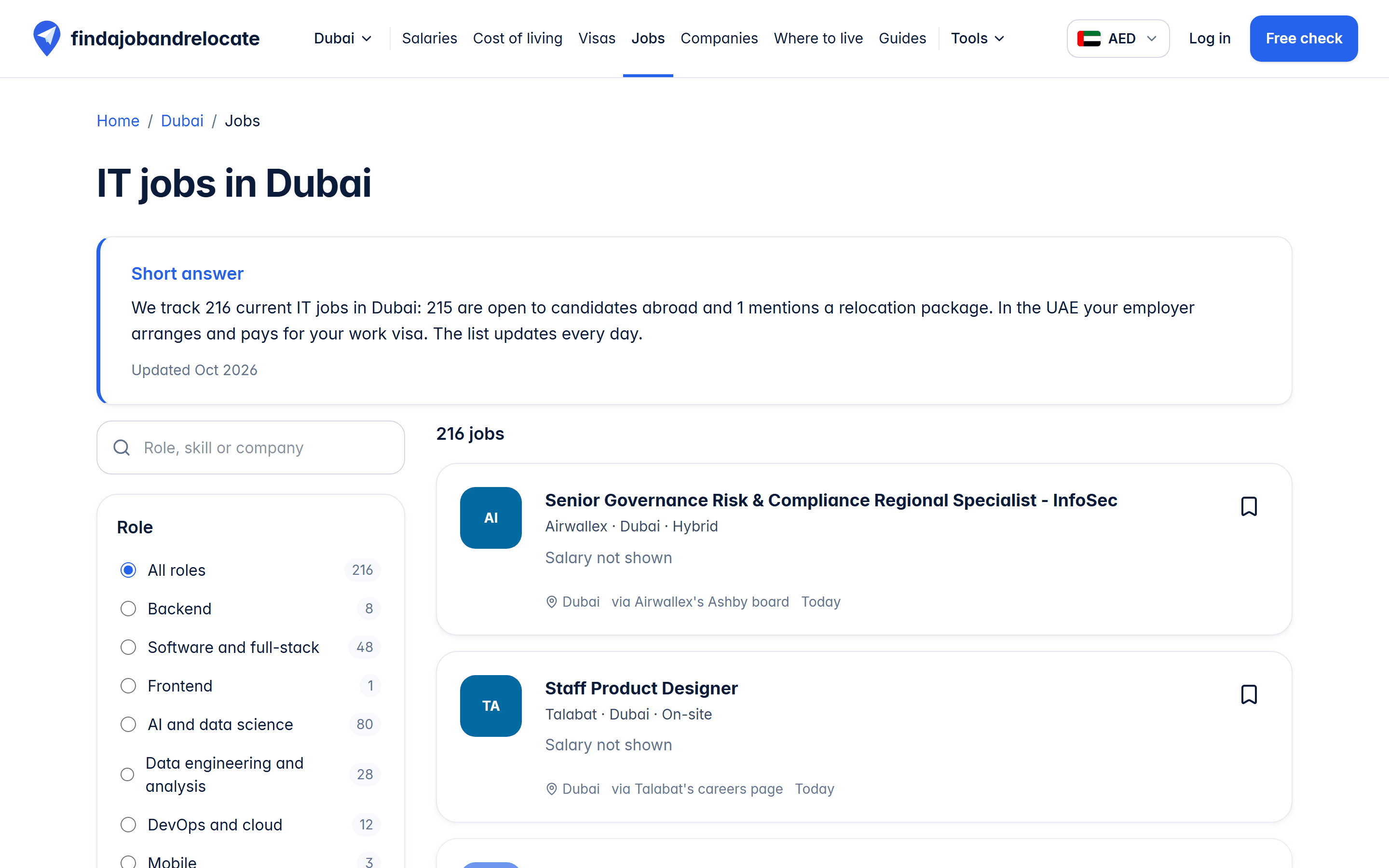 findajobandrelocate.com IT jobs in Dubai page with role filters